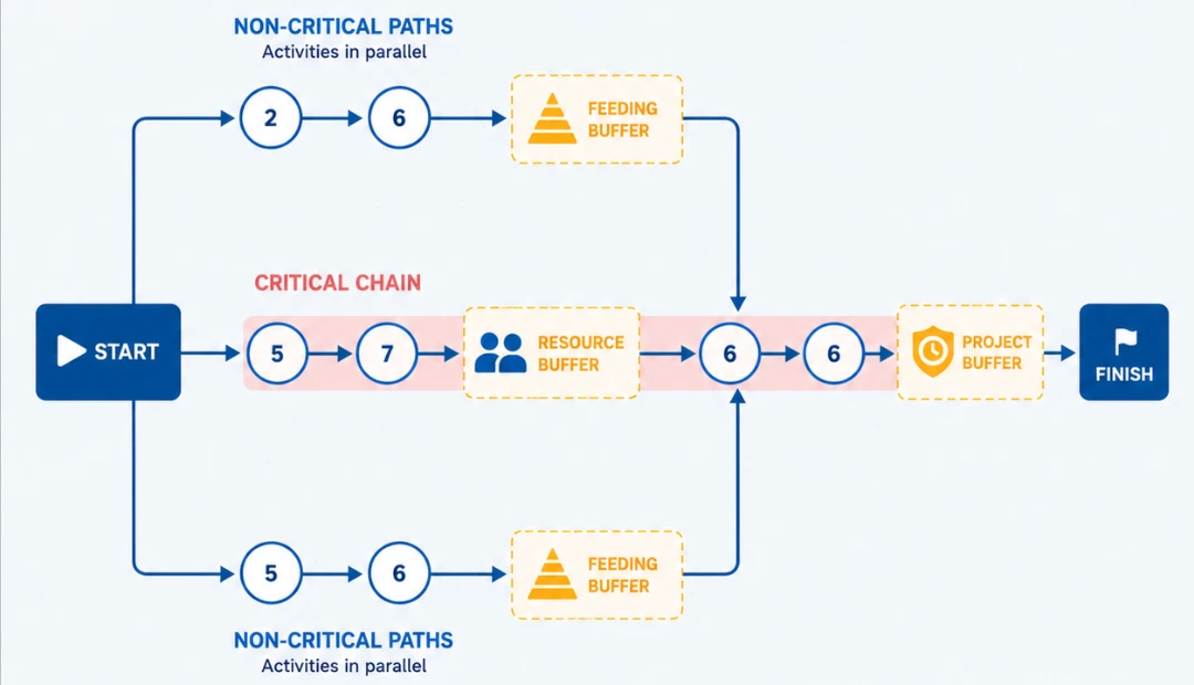 This diagram shows how the critical chain project management actually works